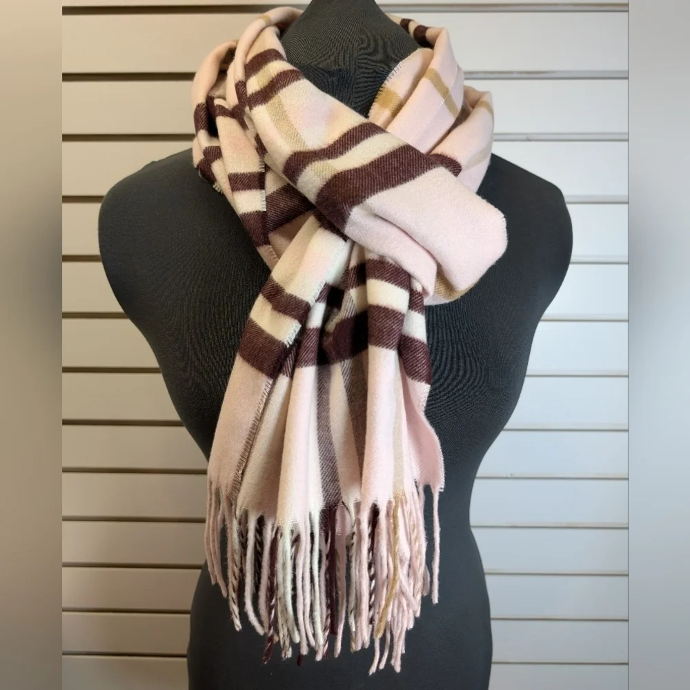 Cashmink By V. FRAAS Scarf in Pink/Burgandy Plaid With Fringe NWOT